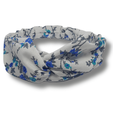 Bandeau pour cheveux tissu liberty turquoise bleu et feuilles grises made in France