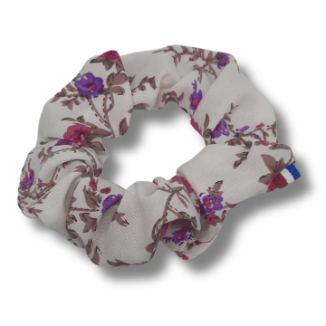 Chouchou pour cheveux en tissu liberty blanc à fleurs violettes et fuchsia made in France